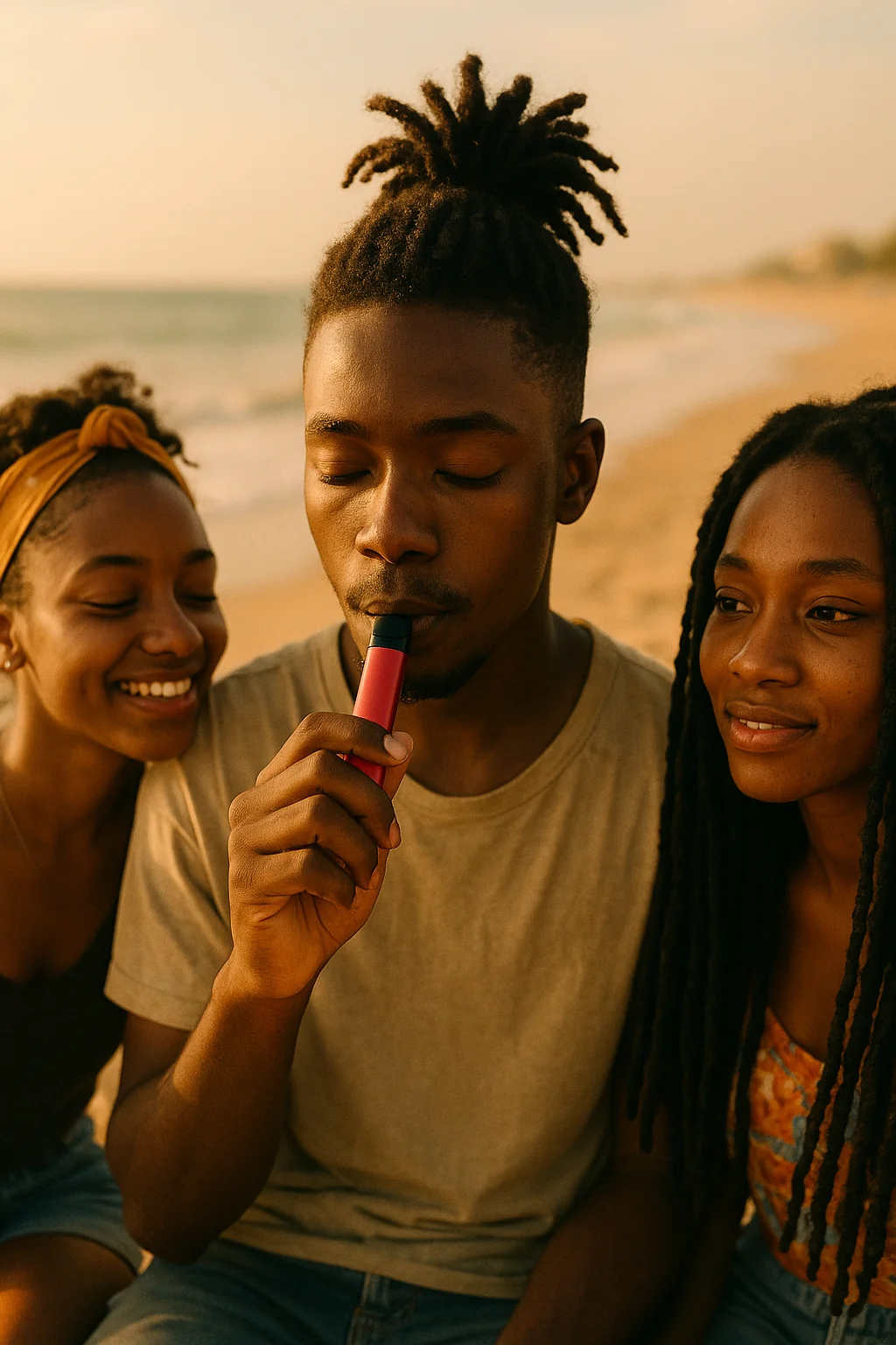 Friends enjoying vaping at the beach